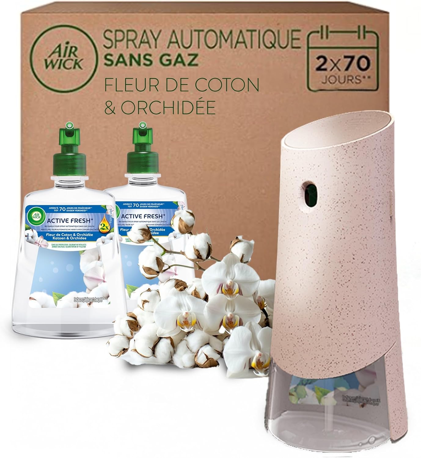 Air Wick Désodorisant Maison Spray Automatique Sans Gaz Active Fresh - 1 Diffuseur + 2 Recharges Parfum Fleur de Coton + Orchidée