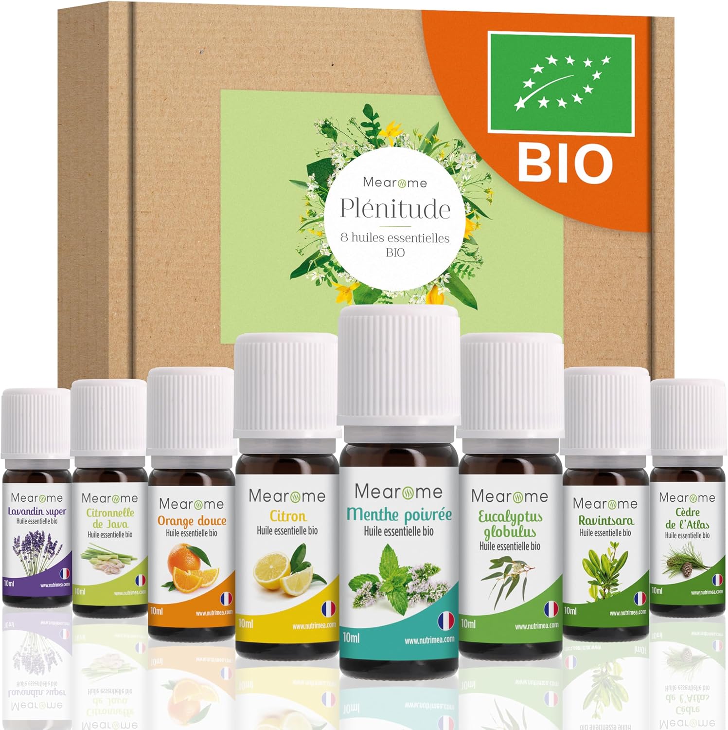 Coffret 8 x 10 ml Huiles Essentielles BIO distillées en FRANCE + Guide d’Aromathérapie PDF | HEBBD, HECT | Kit pour Cuisine, Diffuseur | Bienfaits Respiratoires, Encombrement, Digestion | Mearome