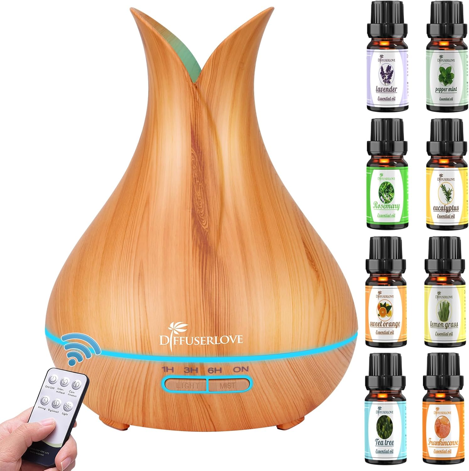 Diffuserlove Diffuseur d’Huiles Essentielles Electrique Diffuseur d’Arômes à Ultrasons Télécommandé Humidificateurs d’Huiles Essentielles Silencieux avec 7 Lampes De Couleur