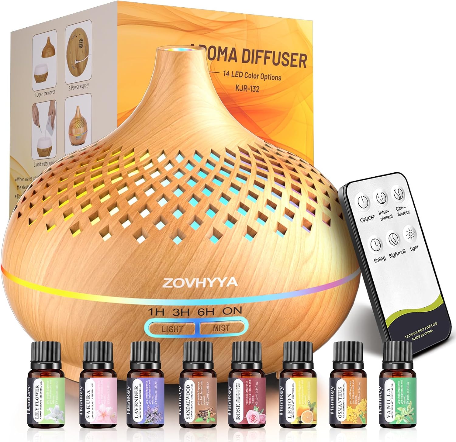Diffuseur Huiles Essentielles 500ML Diffuseur Arômes Humidificateurs Diffuseur 14 LED avec Télécommande 3 Minuterie et Arrêt Automatique pour Salon Chambre Yoga comme Cadeau Anniversaire