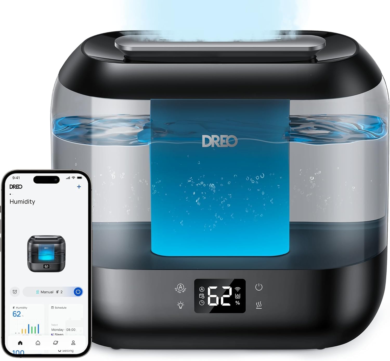 Dreo Smart Humidificateur pour chambre à coucher, Top Fill 4L Humidificateur de brume fraîche surdimensionné avec diffuseur d'huile et veilleuse, 32H d'autonomie, Silencieux pour la maison, le bureau