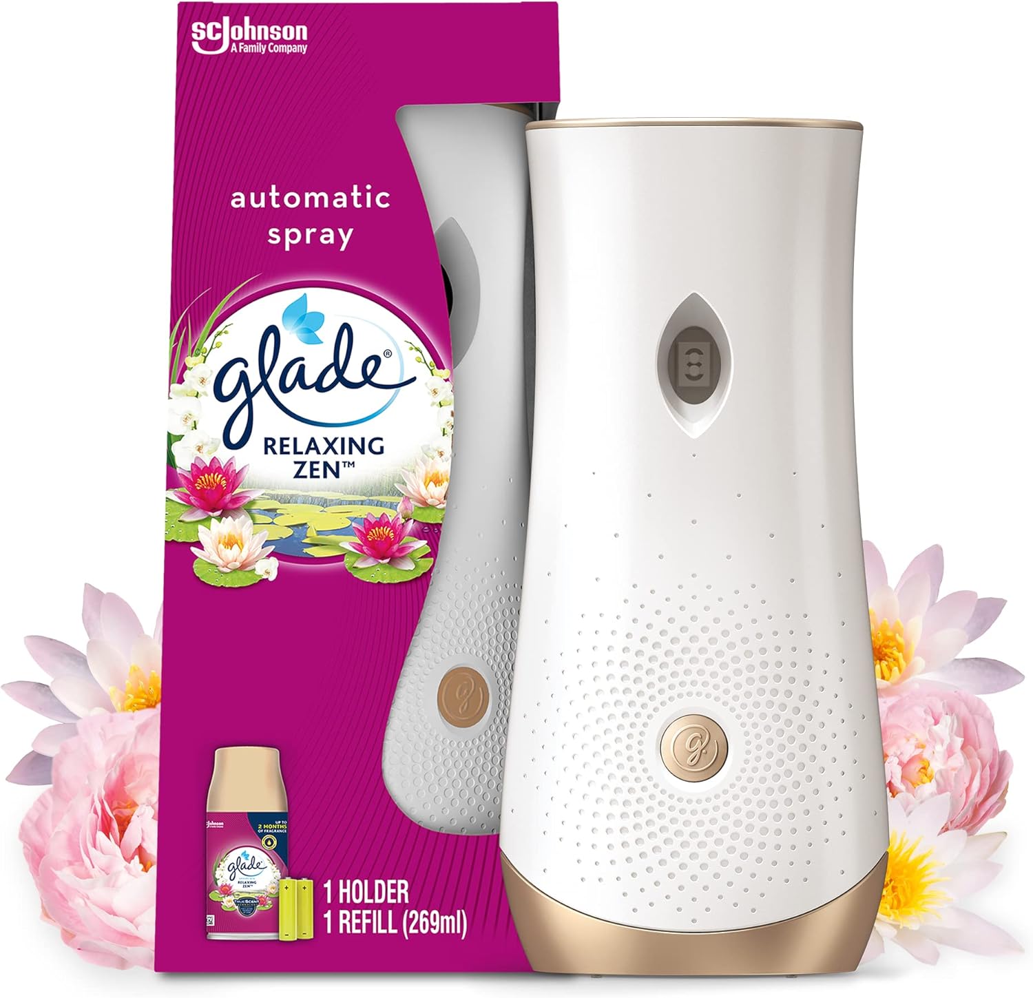 Glade Automatic Spray Diffuseur - Infusé Aux Huiles Essentielles - Jusqu’à 2 Mois De Parfum - Relaxing Zen - 1 Diffuseur et 1 Recharge