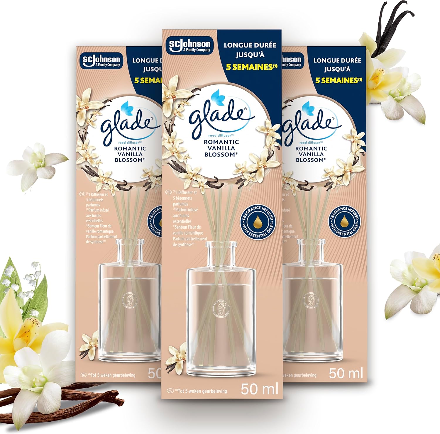 Glade Bâtonnets - Diffuseur de Parfum aux Huiles Essentielles - Sans Parabens - Longue Durée Jusqu’à 5 Semaines -Romantic Vanilla Blossom - 3 Diffuseurs x50ml