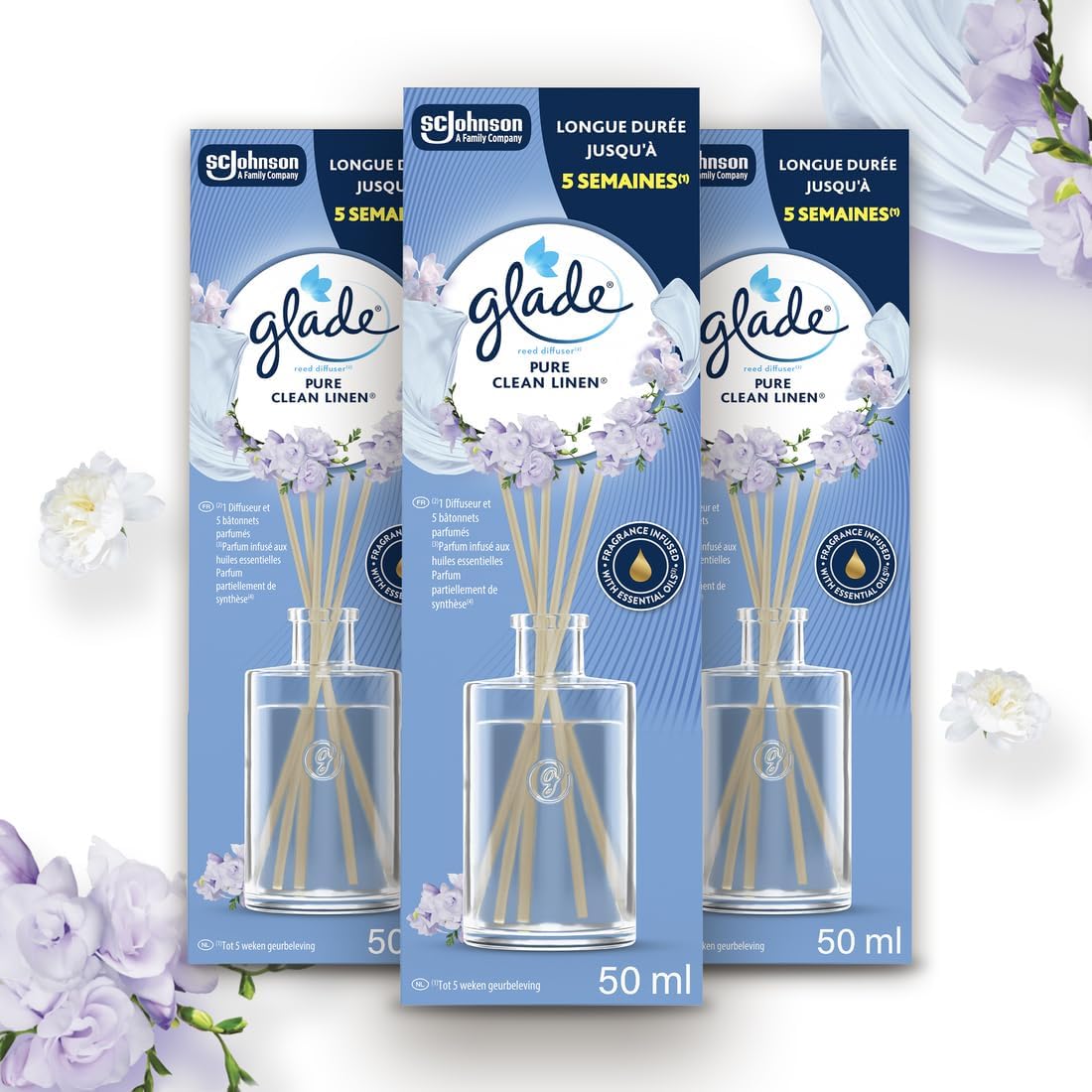 Glade Bâtonnets - Diffuseur de Parfum aux Huiles Essentielles - Sans Parabens - Longue Durée Jusqu’à 5 Semaines - Pure Clean Linen- 3 Diffuseurs x50ml