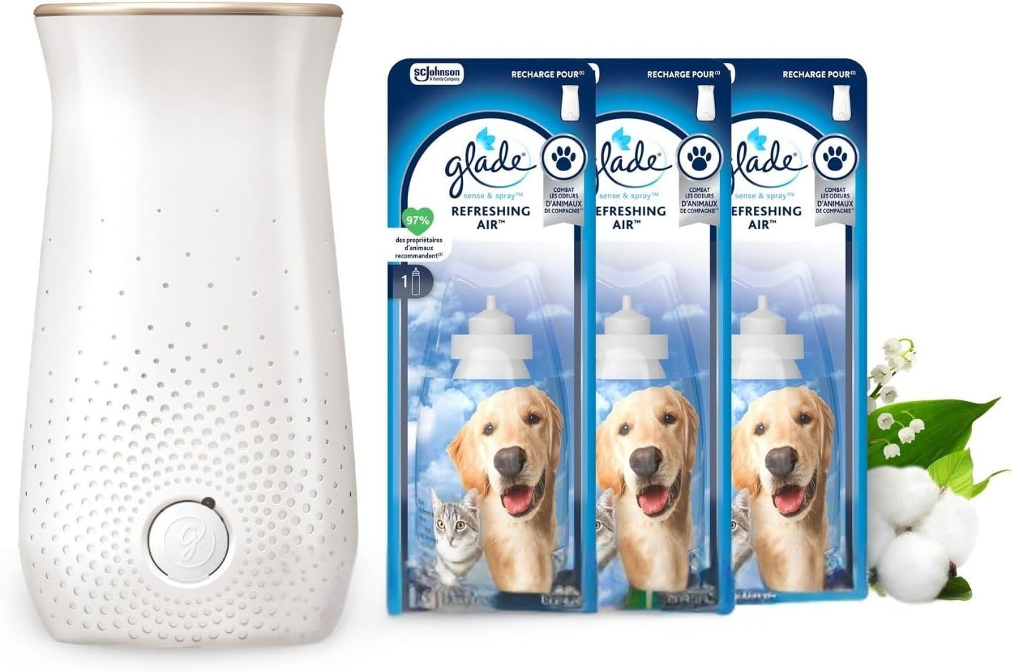 Glade Sense & Spray Pet Range Diffuseur à Détection de Mouvement - Idéal Contre Les Odeurs Des Animaux - Jusqu’à 2 Mois De Parfum - 1 Diffuseur et 3 Recharges x 18ml