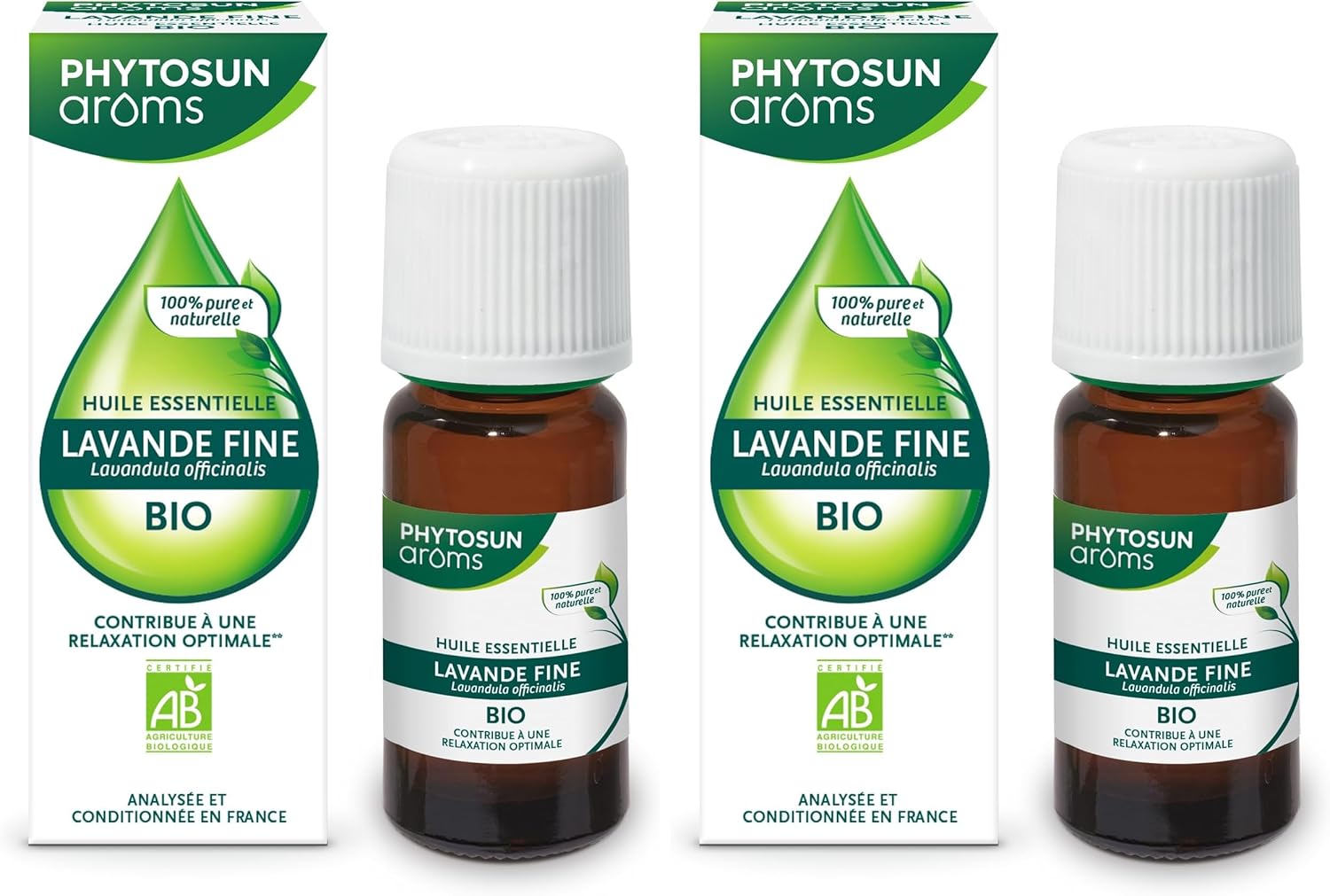 PHYTOSUN AROMS - Huile Essentielle Lavande Fine Bio - HEBBD - 100% Pure & Naturelle - Contribue à La Relaxation - 100% Bio- Analysée & Conditionnée en France - 10 ml (Lot de 2)