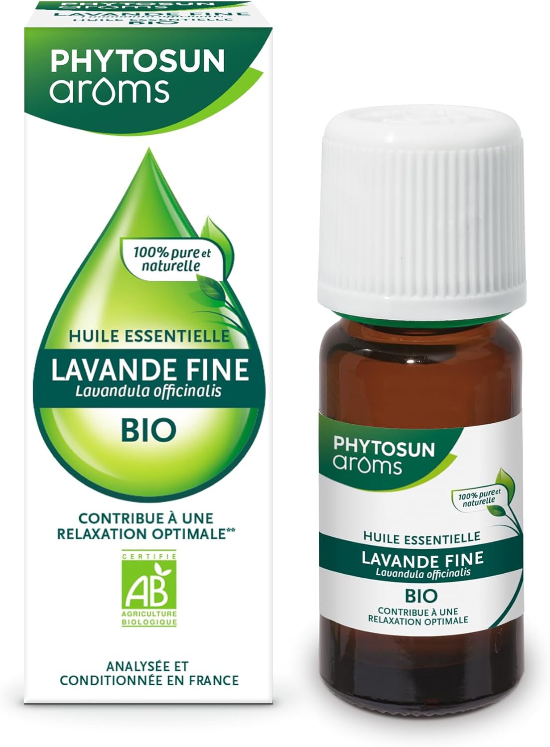 PHYTOSUN AROMS - Huile Essentielle Lavande Fine Bio - HEBBD - 100% Pure & Naturelle - Contribue à La Relaxation - 100% Bio- Analysée & Conditionnée en France - 10 ml