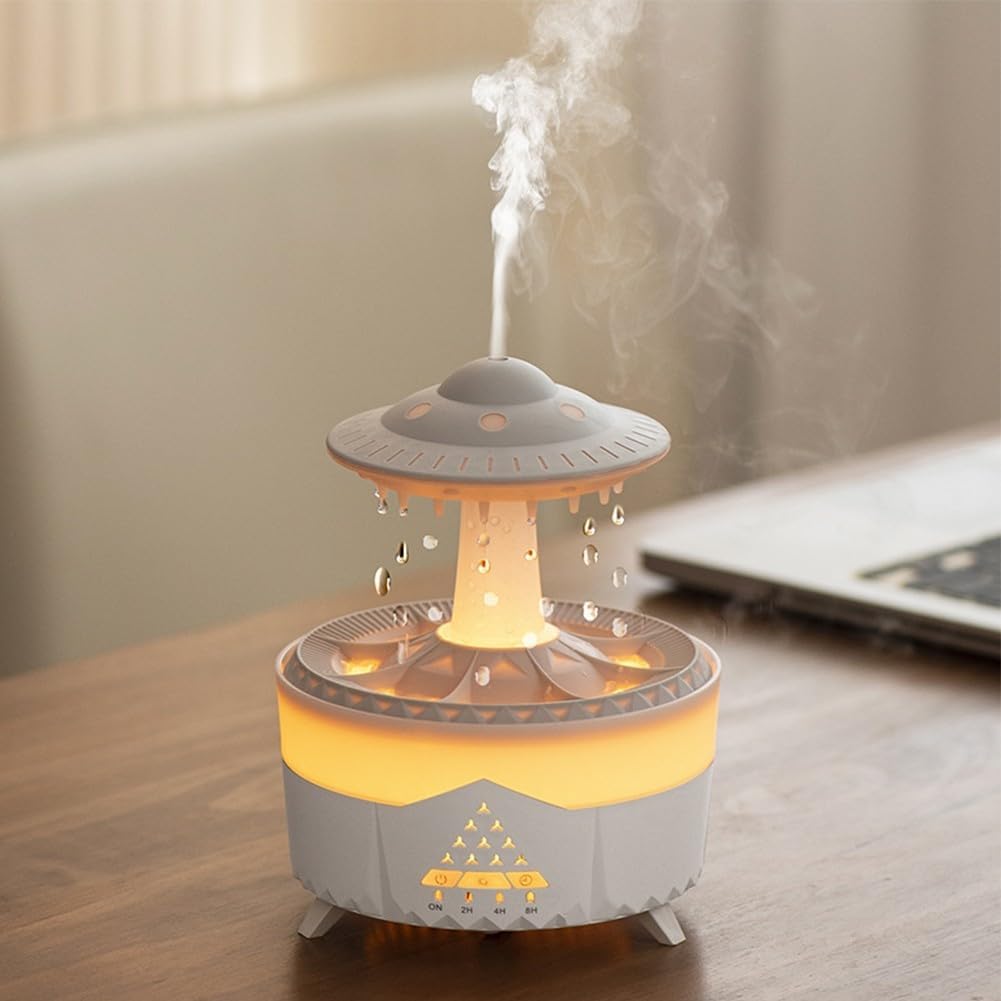 Rain-Cloud Humidificateur diffuseur d’huiles essentielles, humidificateur d’air, humidificateur électrique diffuseur d’arômes, champignon, lampe de pluie humidificateur 7 couleurs LED lumière (blanc)