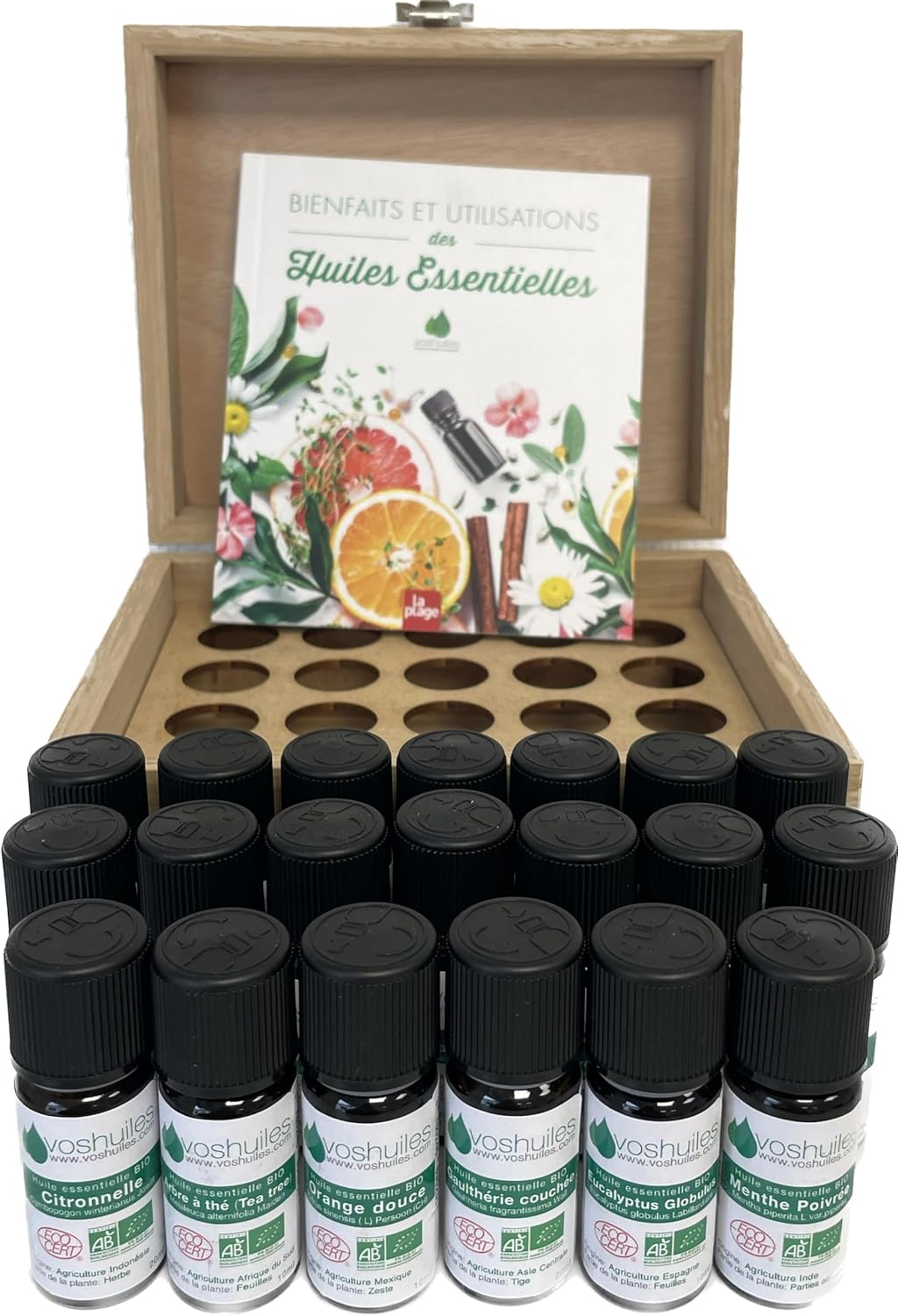 VOSHUILES - Coffret 20 Huiles Essentielles BIO - Produit de Bien-être/Aromathérapie - Parfum Naturel - 200ml - Huiles Pures et Naturelles pour Diffuseur