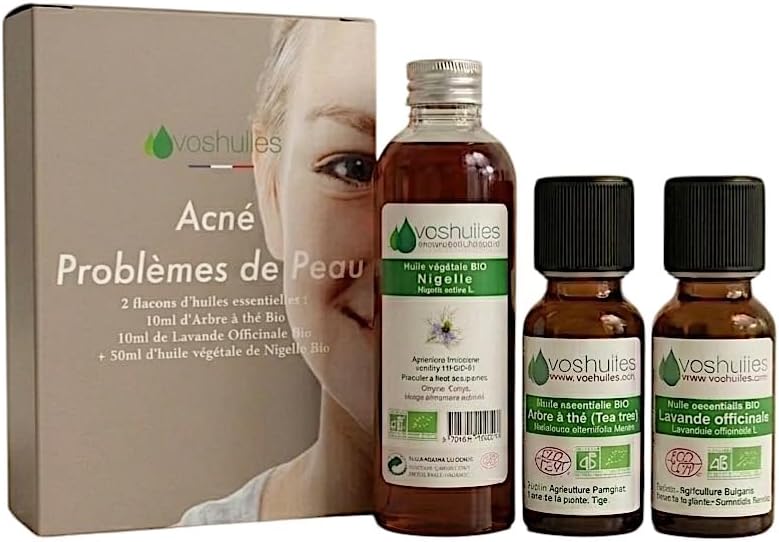 VOSHUILES - Kit Acné Problème de Peau - 2 Huiles Essentielles Tea Tree- Lavande Officinale + 1 Huile Végétale Nigelle BIO - 100% Pure - HEBBD et ECOCERT - 2x10ml- 1x50ml