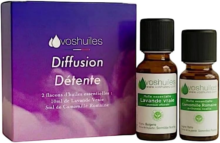 VOSHUILES - Kit d’huiles essentielles pour diffusion- Camomille Romaine et Lavande Vraie- 100% Pure et Naturelle- HEBBD et ECOCERT- 1x5ml- 1x10ml- Mon Petit Kit Détente