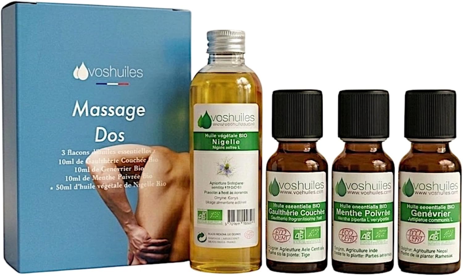 VOSHUILES - Kit d’Huiles Essentielles pour Massage - Gaulthérie Couchée- Menthe Poivrée- Genévrier- Nigelle - 100% Pure et Naturelle - 3x10ml- 1x50ml - HEBBD et ECOCERT