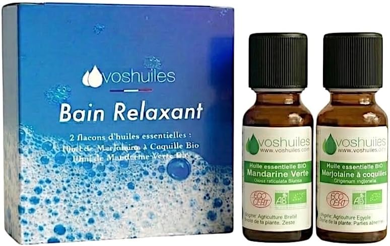 VOSHUILES - Kit de Bain Relaxant avec Huiles Essentielles BIO- Parfum Marjolaine à Coquilles et Mandarine Verte- 2x10 ml - Idéal pour Détente Après Journée Stressante