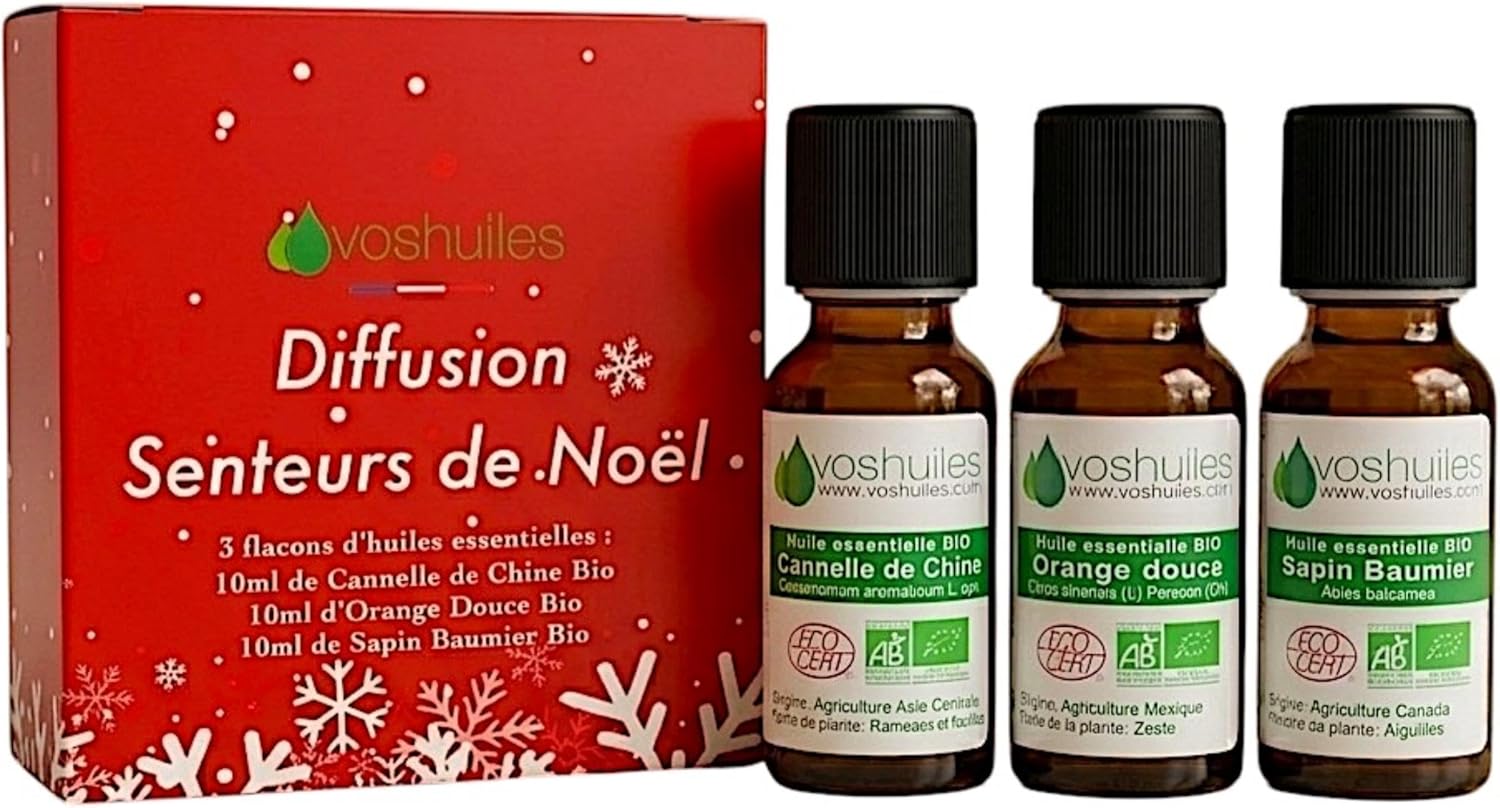 VOSHUILES - Kit Diffusion Senteurs de Noël BIO - 3x10ml - Huiles Essentielles Orange Douce Sapin Baumier et Cannelle - Ambiance Fête Gourmande et Chaleureuse