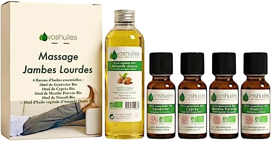 VOSHUILES - Kit Jambes Lourdes - 4 Huiles Essentielles + 1 Végétale Bio - 100% Pure et Naturelle - HEBBD, Ecocert - Niaouli, Cyprès, Menthe Poivrée, Genévrier, Amande Douce - Massage - 4x10ml, 1x50ml