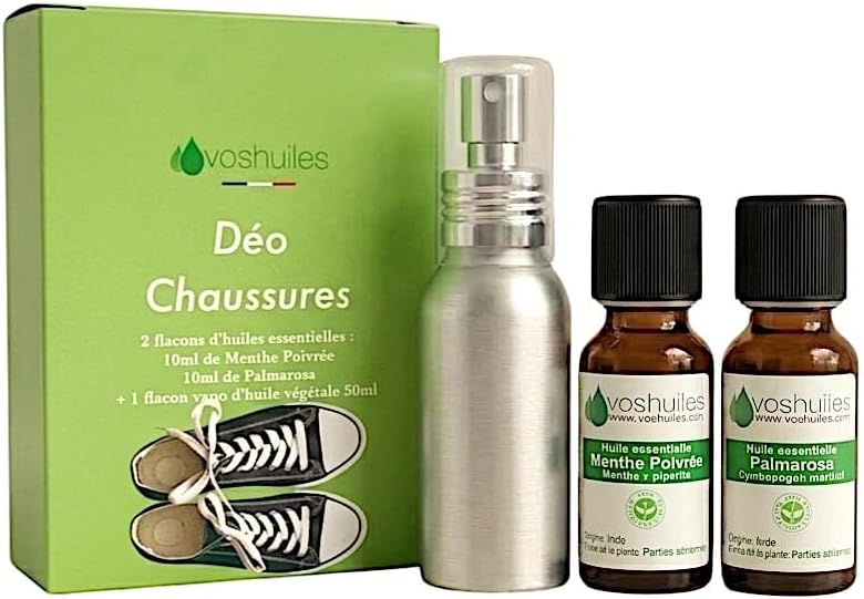 VOSHUILES - Mon Petit Kit Déo Chaussures - 2 Huiles Essentielles Bio - 100% Pure et Naturelle - HEBBD, Ecocert - Menthe Poivrée, Palmarosa - 2x10ml - Vaporisateur 50ml Inclus